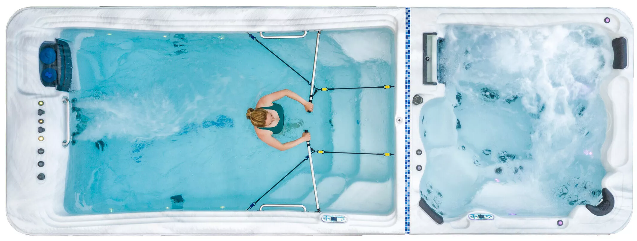 Woman exercising in TidalFit swim spa with variable speed system, showcasing water resistance and relaxation features, promoting backyard wellness by Creative Hot Tub Designs in Reno NV and Sparks NV.