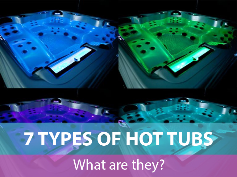 7 types of illuminated hot tubs showcasing different colors, relevant to Creative Hot Tub Designs in Sparks and Reno, NV, highlighting hot tub options for buyers.