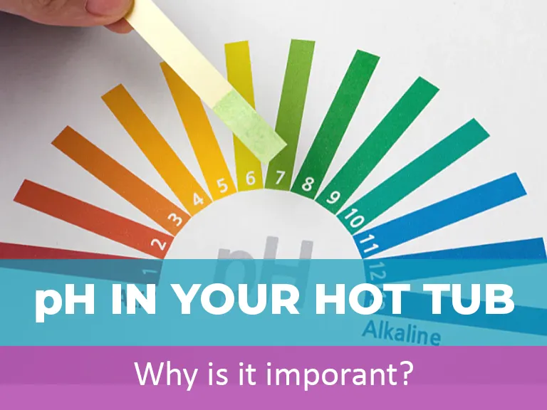 pH test strip measuring water acidity for hot tub maintenance, highlighting importance of pH balance.